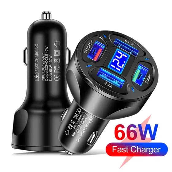 Carregador Veicular 66W Rápido QC 3.0 4 Usb Tipo C Turbo Adaptador Isqueiro Tomada Veicular Iphone Samsung Universal