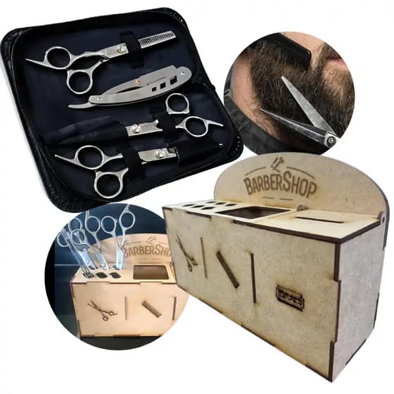 Kit 3 Tesouras Profissionais Fio Laser + Navalha Inox + Suporte MDF Barbeiro/Cabeleireiro