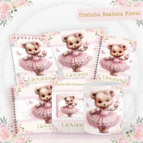 KIT PERSONALIZADO/ CADERNETA DE SAÚDE ATUALIZADA / LIVRO DO BEBÊ/LIVRO MÊSVERSÁRIO– URSINHA REALISTA FLORA