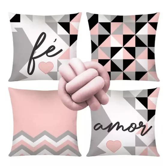 Kit 4 Almofadas Cheias Decorativas + 1 Almofada De Nó Fé Amor