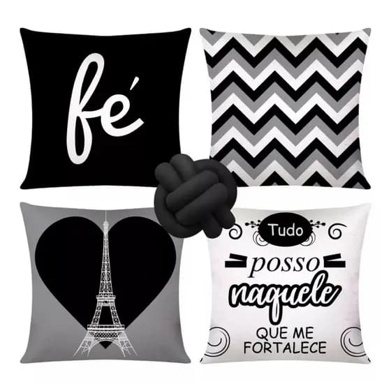 Kit 4 Almofadas Cheias Decorativas + 1 Almofada De Nó Paris Preta