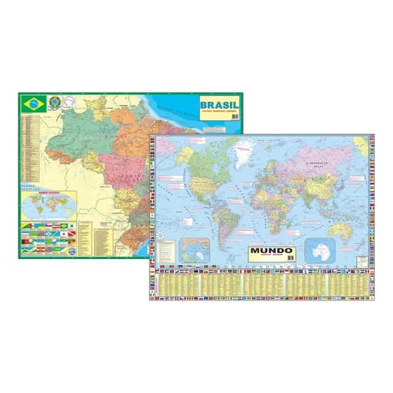 Kit com 2 Mapas - Mundi + Brasil (Ano 2026) Político Rodoviário 120 X 90 Cm Atualizado