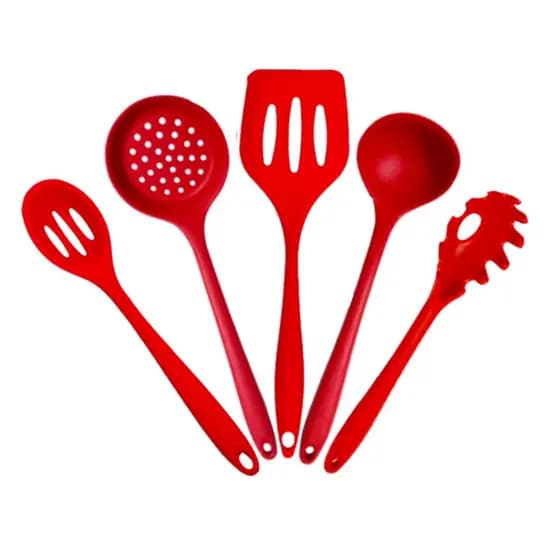 Kit c/5 Utensílios de Silicone Para Cozinha Vermelho Concha Colher Escumadeira