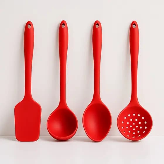 Kit Completo Utensílios de Silicone Para Cozinha Talheres de Silicone Vermelho e Preto