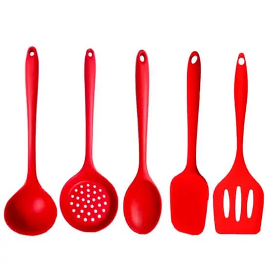 Kit Colher Silicone Utensílios Para Cozinha Vermelho 5 Peças Completo