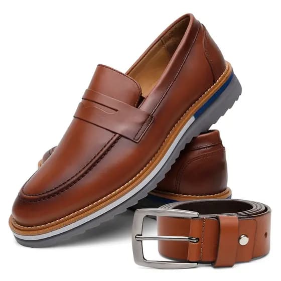 Sapato Mocassim E Cinto Masculino Em Couro Resistente