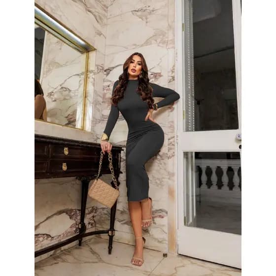 Vestido ANA Tubinho Manga Longa Midy Midi Longa Costa Nua Gringa