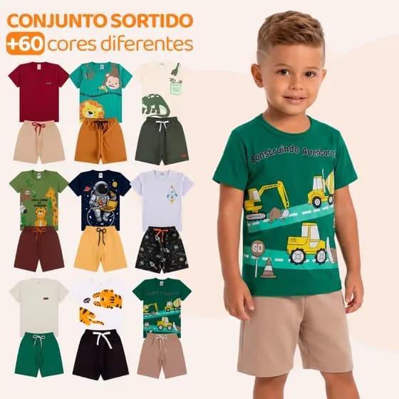Kit Sortido 4, 10 ou 16 Peças de Roupas Infantil Bebê Menino Camisetas + Bermudas ou Roupa Bebê Conjunto Verão dia Calor