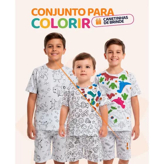 Kit de 2 ou 3 Conjuntos Pijama Infantil Menino de Colorir + Canetinhas Pijama Infantil Masculino