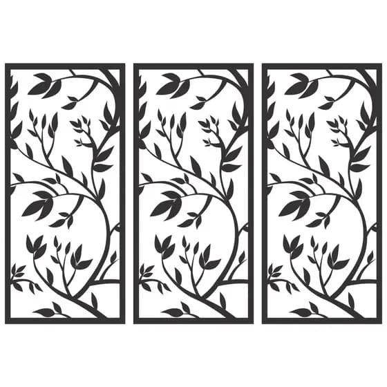 Quadro Decorativo Galhos Dançantes Trio de Painéis MDF 3mm Preto Fosco