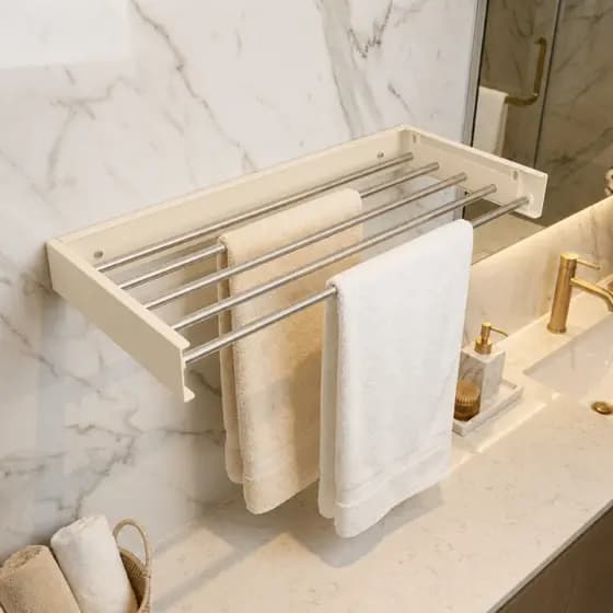 Varal Toalheiro Parede Retrátil Dobrável Adesivo Varetas Aluminio Off White Roupas Toalhas Resistente Apartamento