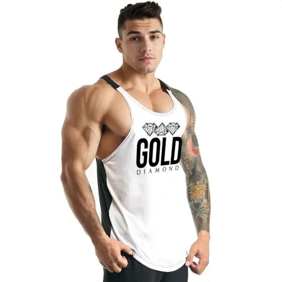 Regata Cavada Masculina em Dry Fit Gold com Costas Preta Academia - Bombey