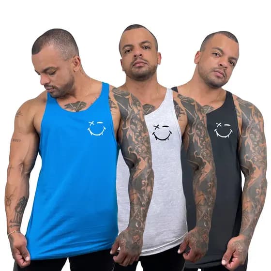 Kit com 3 regatas masculinas em algodão com estampa Expressão Sorriso - Bombey - Kit com 3 regatas