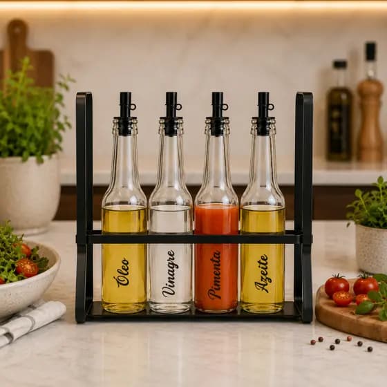 Galheteiro porta azeite de vidro kit 4 garrafas etiquetas