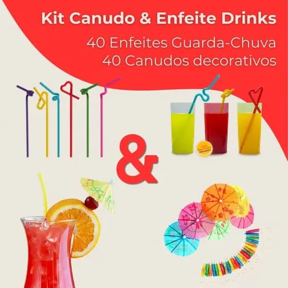 Kit 40 Canudo Decorativo Artístico Flex + 40 Enfeite de Drink Bebidas Guarda - Chuva