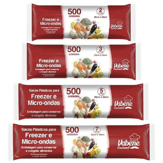 500 Saco Plástico para Freezer e Micro-ondas 2 L , 3 L, 5 L e 7 L - Vabene