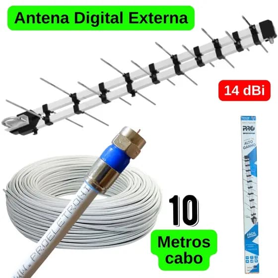 Antena Tv Digital Externa Espinha Peixe 4k Proeletronic prohd-1040LTE02 14 dbi com 10m Cabo Coaxial rg6