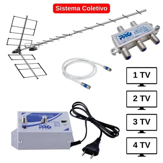 Antena TV Digital Externa Coletiva Yagi prohd-1118 Com Amplificador de linha, Divisor 4 saidas, 1m cabo rg6 Kit p/ 4 TV