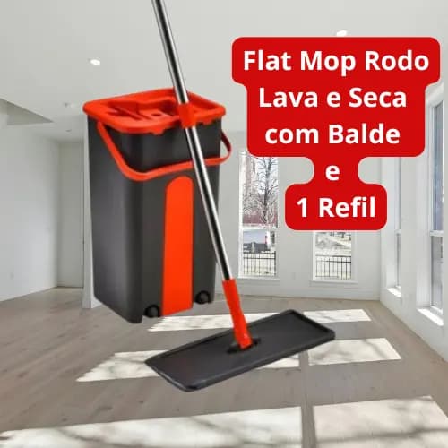 Flat Mop Rodo Lava e Seca com Balde e 1 Refil, fácil de armazenar, cabo ajustável