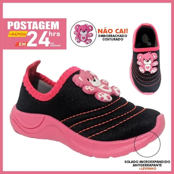 Tênis de Menina sem cadarço Calce fácil Ursinho bichinhos pink/rosa