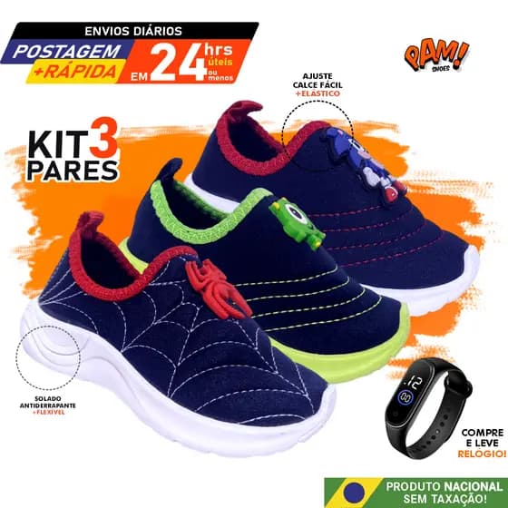 Tênis Menino Calce Fácil Kit 3 Pares combo + Relógio digital em LED