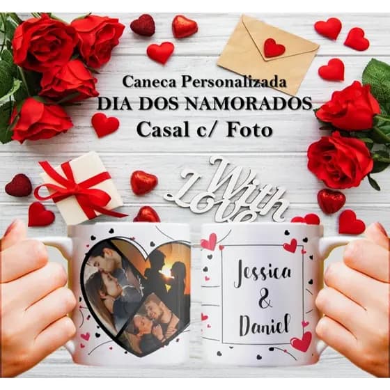 Kit Casal 2 Canecas Personalizada Porcelana Cerâmica C/ Foto Nome Namorados Namoro I Love Casamento