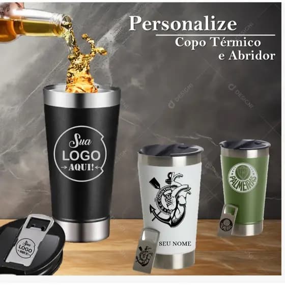 Copo Térmico Personalizado No Abridor e Copo Time Futebol Logos Nomes Tampa Bebidas Gelado e Quente