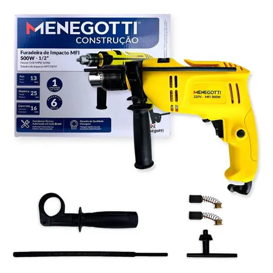 Furadeira de Impacto Menegotti MFI 500W 1/2” (13mm) – 220V | Com Reversão, Velocidade Variável e Acessórios
