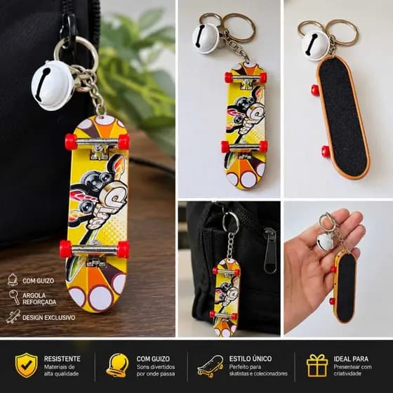 Chaveiro Skate Com Sino Aço Inoxidável Prateado