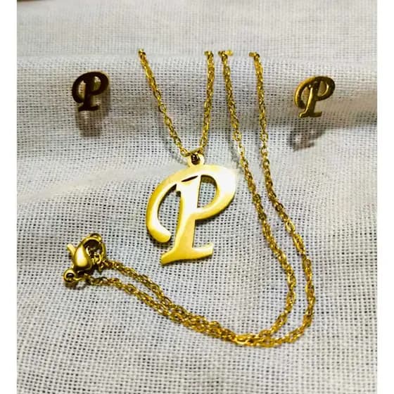 Colar + Pingente + Brinco Letra P Aço Inoxidavel Banhado a Ouro