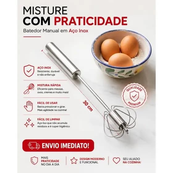 Batedor de claras semiautomático em inox prático resistente e ideal para ovos massas e cremes.
