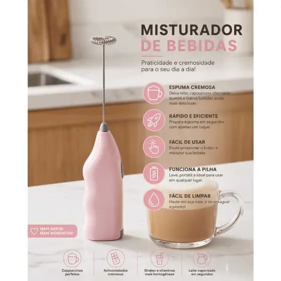 Mini Misturador Elétrico Inox com Praticidade ideal para café leite cappuccino e shake eficiente.