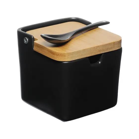 Saleiro Preto de Porcelana Tampa De Bambu com Colher