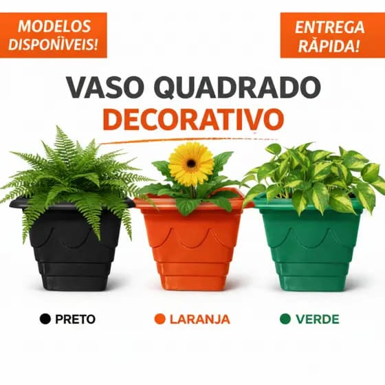 Kit Vasos Quadrados Médio 19cm Plástico Planta/Horta/Jardim Preto/Verde/Terracota