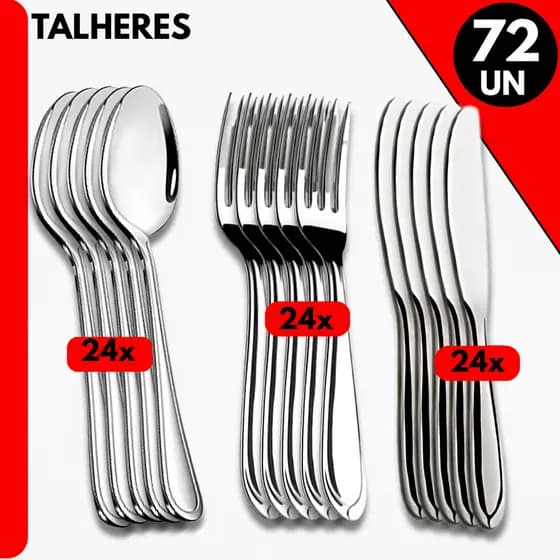 72 Talheres Inox Premuim- Colheres, Garfos e Facas para Jantar, Bares, Restaurante e Buffet