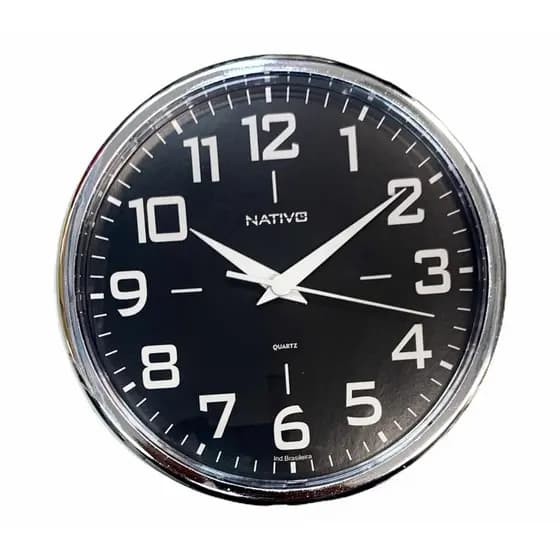 RELÓGIO DE PAREDE REDONDO METALIZADO CROMO 22,5cm NATIVO