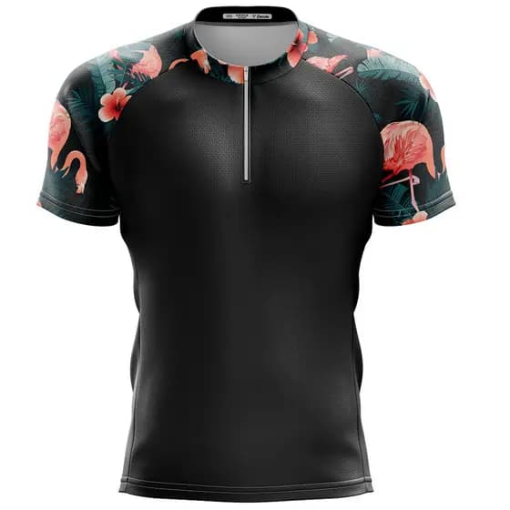 Camisa Ciclismo Floral Flamingo Curta Preta Unissex Bike Mtb Proteção UV