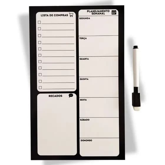 Lousa Magnética 17x28cm Minimalista | Planner Planejamento Semanal e Lista de Compras com Caneta