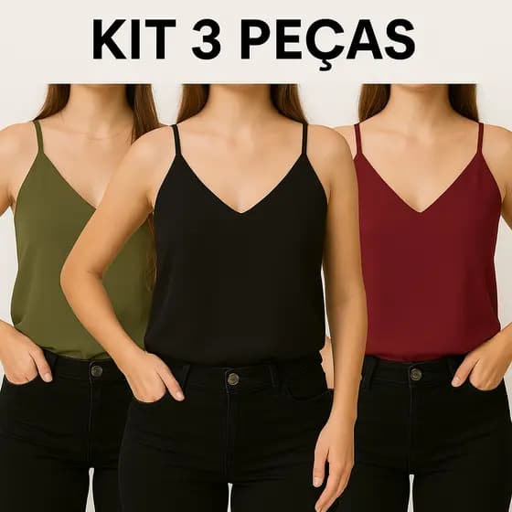 Kit 3 Blusas Feminina Regata Alça Regulável Blusinha Alcinha Básica Crepe