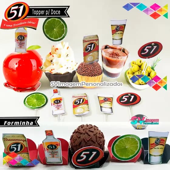Festa Boteco 51 Cachaça Topper para doces e Forminha para doce Envio Rápido