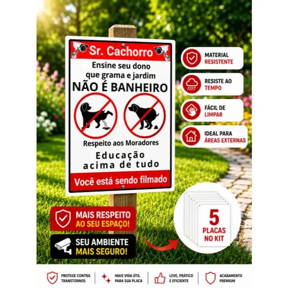 Kit 5 Placas Sinalização de Ambiente Monitorado Camera Segura Cachorro Xixi Coco Grama e Jardim