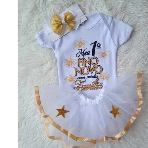 Kit Body bebê, vestido Temático Mêsversário meu primeiro Ano novo com saia de tule + laço