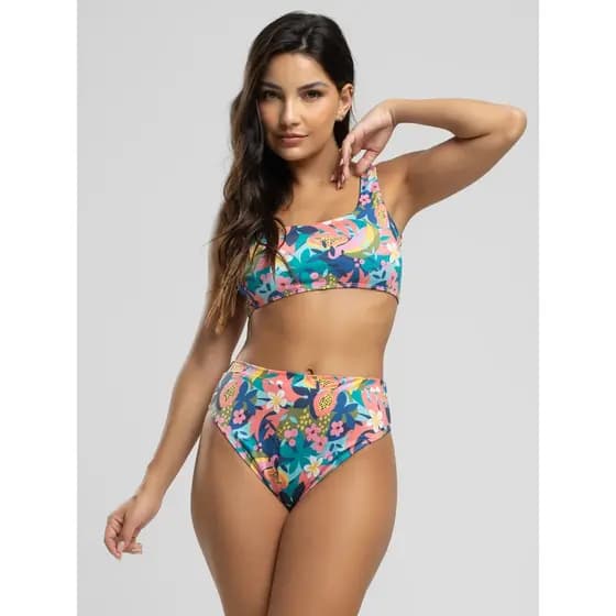 Biquini Top Regata Calcinha Cintura Alta Hot Pants Estampado Moda Praia e Piscina com Proteção Uv 50+