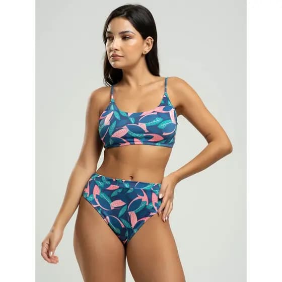 Biquini Top Faixa Calcinha Cintura Alta Hot Pants Estampado Moda Praia e Piscina com Proteção Uv 50+