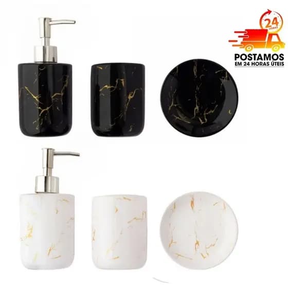 Conjunto kit de cerâmica 3 peças marmorizado banheiro lavabo - Saboneteira porta sabonete liquido porta escovas