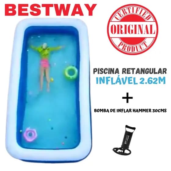 Piscina Retangular 2.62M Bote Inflável Family Fun Premium Bestway + Bomba de Inflar Air Hammer 30 cms