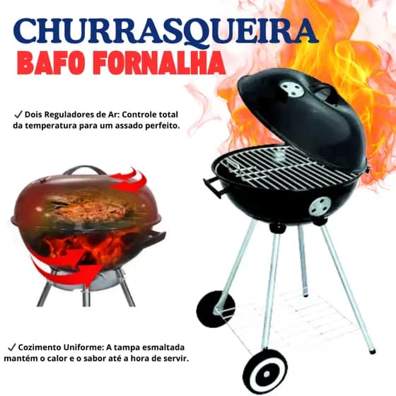 CHURRASQUEIRA BAFO FORNALHA COM GRELHA E GRADES REMÓVIVEIS, ALÇAS E RODAS, EM AÇO ESMALTADA - BEL.