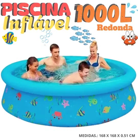 PISCINA INFLÁVEL DIVERTIDA 1.000 LITROS EM PVC TRIPLO DE ALTA RESISTÊNCIA ESTAMPADA.