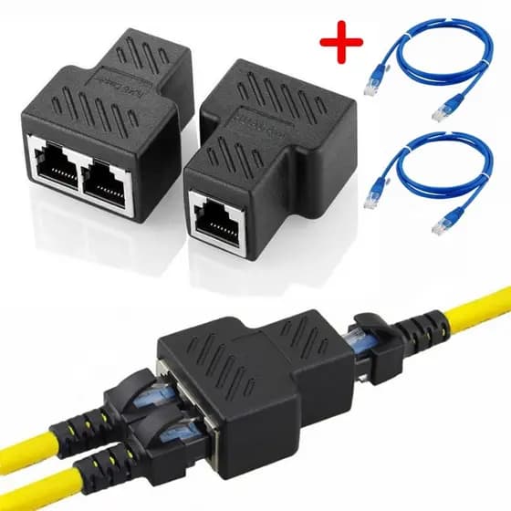 Duplicador Para Cabo De Rede Adaptador 2 Saídas Rj45 Fêmeas LAN Internet + 2x Cabos de Rede 1 Metro Montado