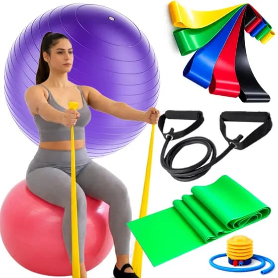 Kit Bola Pilates Elástico Exercício Faixa Mini Band Treino